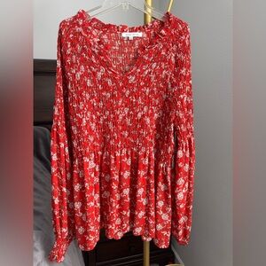 Rose & Olive Red and White Floral Smocked Peasant Blouse - Size XL